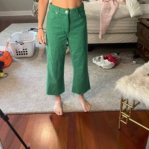 Zara High-Rise Wide Leg Cropped Jeans in Green